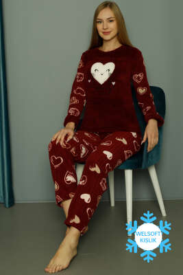 Kalp Desenli Welsoft Pijama Takımı Bordo 