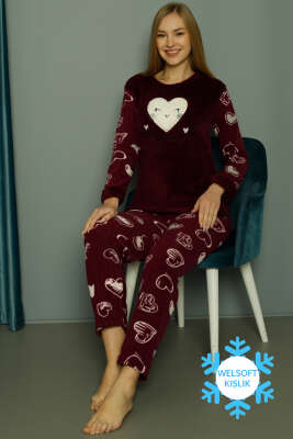 Kalp Desenli Welsoft Pijama Takımı Mor - Pijama