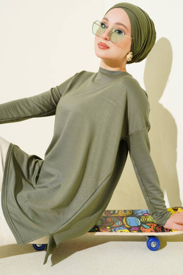 Kalp Detaylı Basic Tunik Haki - Tunik