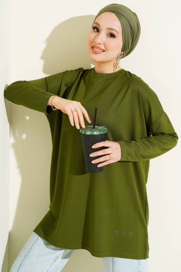 Kalp Detaylı Basic Tunik Yeşil - Tunik