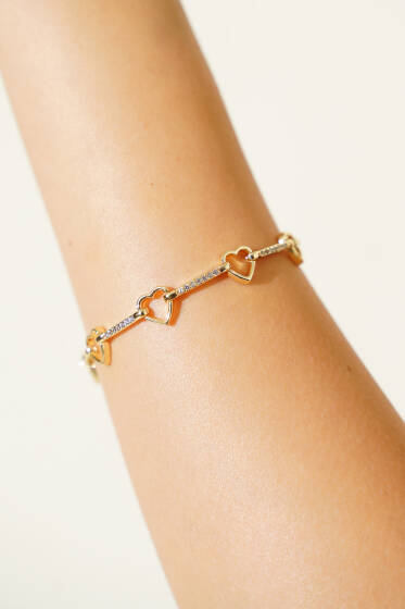 Kalp Detaylı Taşlı Bileklik Gold - Bileklik