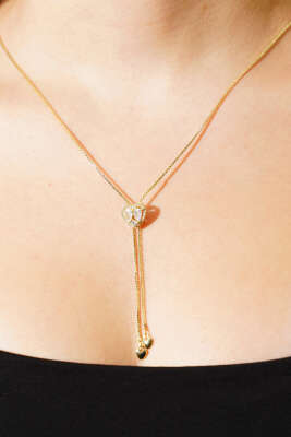 Kalp Detaylı Taşlı Kolye Gold - Kolye