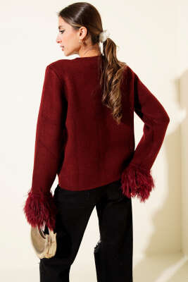 Kalp Düğmeli Bilek Kürklü Triko Hırka Bordo - Kadın Giyim Modelleri