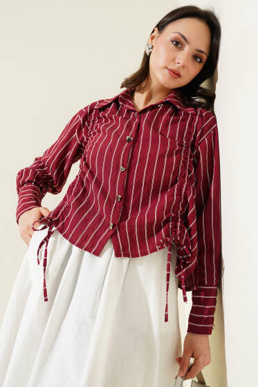 Kalp Düğmeli Önü Büzgülü Kısa Gömlek Bordo - Gömlek