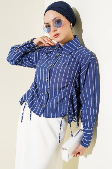 Kalp Düğmeli Önü Büzgülü Kısa Gömlek Lacivert - Gömlek