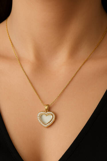 Kalp İnce Taş Geçişli Kolye Gold - Kolye