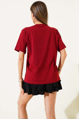 Kalp İncili T-shirt Bordo - Kadın Giyim Modelleri