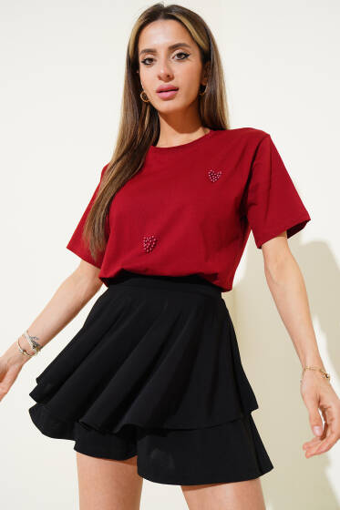 Kalp İncili T-shirt Bordo - Kadın Giyim Modelleri
