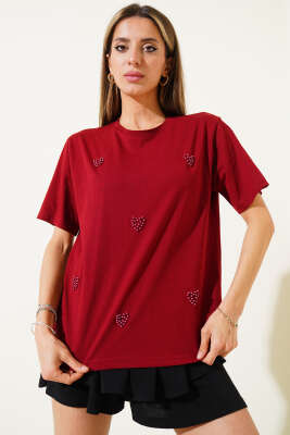 Kalp İncili T-shirt Bordo - Kadın Giyim Modelleri