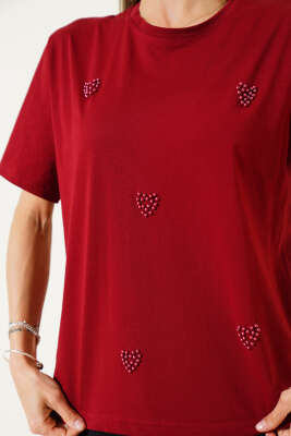 Kalp İncili T-shirt Bordo - Kadın Giyim Modelleri