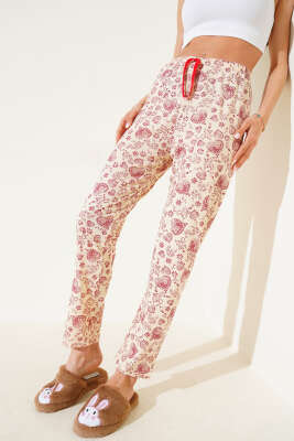 Kalp Motifli Pijama Altı Bej 