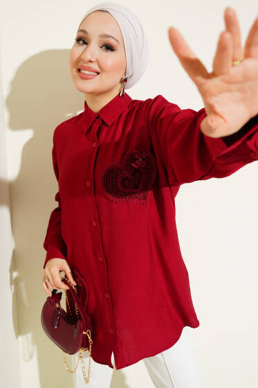 Kalp Nakış Detaylı Gömlek Bordo - Gömlek