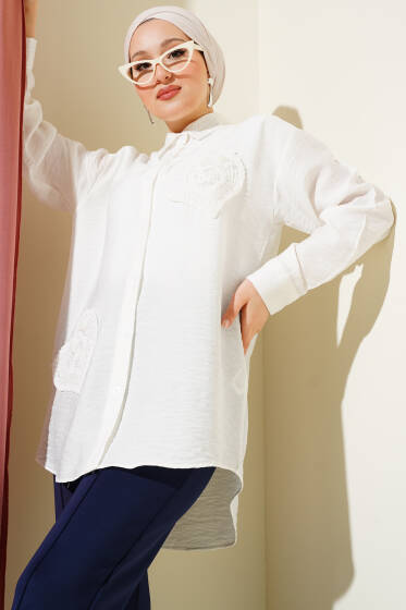 Kalp Nakış Detaylı Gömlek Ekru - Gömlek