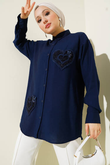 Kalp Nakış Detaylı Gömlek Lacivert - Gömlek