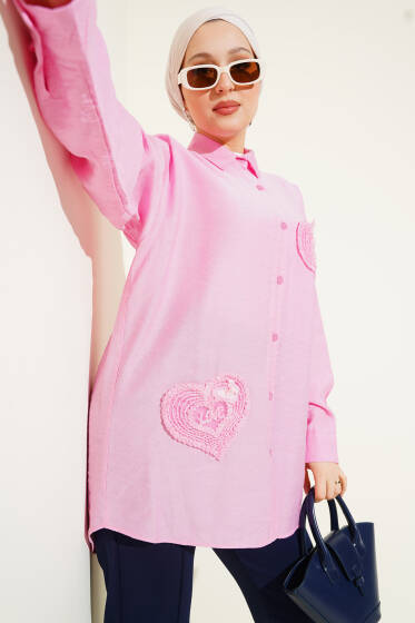 Kalp Nakış Detaylı Gömlek Pembe - Gömlek