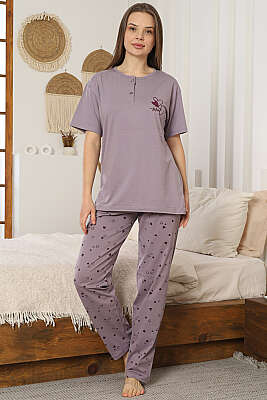 Kalp Nakış Detaylı Kısa Kol Pijama Takımı Lila - IŞILAY