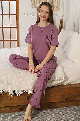 Kalp Nakış Detaylı Kısa Kol Pijama Takımı Magenta - IŞILAY