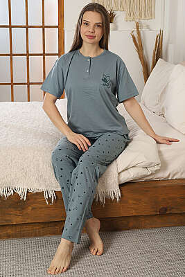 Kalp Nakış Detaylı Kısa Kol Pijama Takımı Mint - IŞILAY