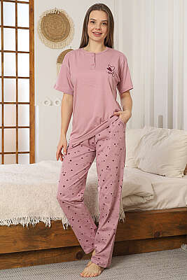 Kalp Nakış Detaylı Kısa Kol Pijama Takımı Pudra - IŞILAY