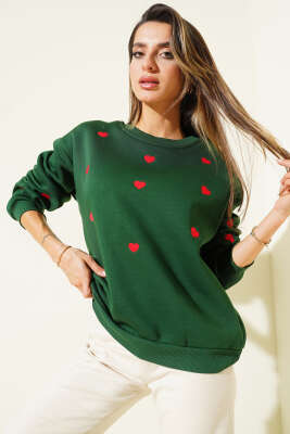 Kalp Nakış Detaylı Sweatshirt Yeşil - ADYES