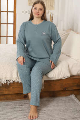 Kalp Nakışlı Büyük Beden Pijama Takımı Çağla Yeşili - Pijama