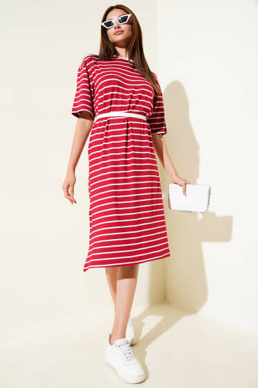 Kalp Nakışlı Çizgili Elbise Bordo - Kadın Giyim Modelleri