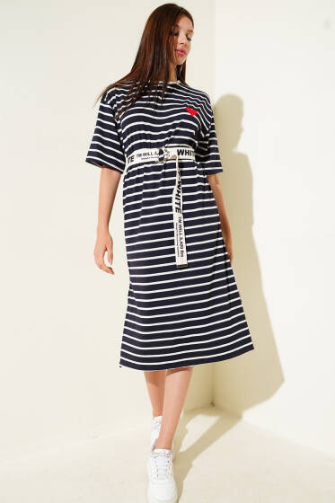 Kalp Nakışlı Çizgili Elbise Lacivert - Kadın Giyim Modelleri