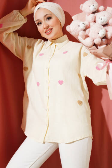 Kalp Nakışlı Keten Gömlek Krem - Gömlek