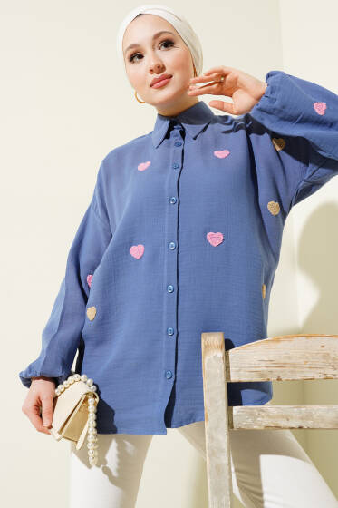Kalp Nakışlı Keten Gömlek Lacivert - Gömlek