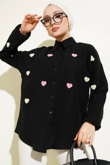 Kalp Nakışlı Keten Gömlek Siyah - Gömlek
