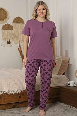 Kalp Nakışlı Kısa Kol Pijama Takımı Gül Kurusu - IŞILAY