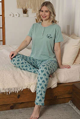 Kalp Nakışlı Kısa Kol Pijama Takımı Mint - IŞILAY
