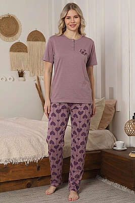 Kalp Nakışlı Kısa Kol Pijama Takımı Pudra - IŞILAY