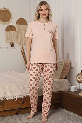 Kalp Nakışlı Kısa Kol Pijama Takımı Yavru Ağzı - IŞILAY