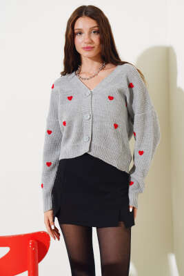 Kalp Nakışlı Kısa Triko Hırka Gri - Kadın Giyim Modelleri