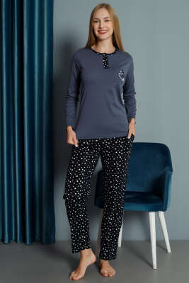 Kalp Nakışlı Pijama Takımı Füme - Kadın Pijama Takımı