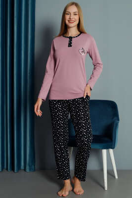 Kalp Nakışlı Pijama Takımı Leylak - Pijama & Gecelik