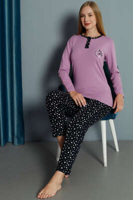 Kalp Nakışlı Pijama Takımı Lila - Pijama & Gecelik