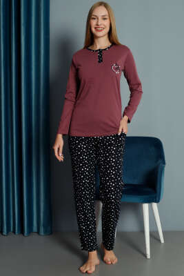Kalp Nakışlı Pijama Takımı Magenta - Kadın Pijama Takımı