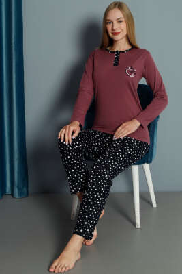 Kalp Nakışlı Pijama Takımı Magenta - Pijama & Gecelik