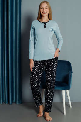 Kalp Nakışlı Pijama Takımı Mint - Pijama & Gecelik