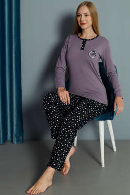 Kalp Nakışlı Pijama Takımı Mürdüm - Kadın Pijama Takımı