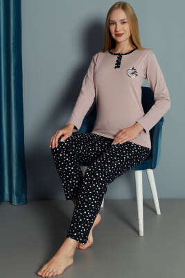 Kalp Nakışlı Pijama Takımı Pudra - Pijama & Gecelik