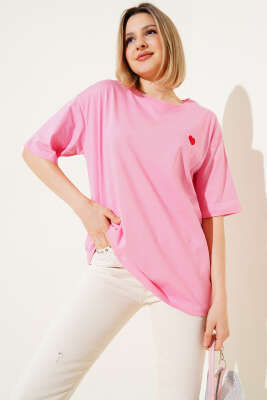 Kalp Nakışlı T-shirt Pembe 
