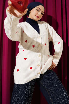 Kalp Nakışlı Triko Hırka Bej - NOVALÜX