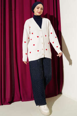 Kalp Nakışlı Triko Hırka Bej - Hırka