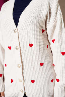 Kalp Nakışlı Triko Hırka Bej - Hırka