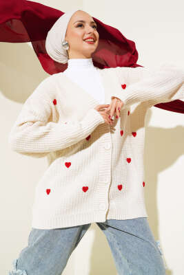 Kalp Nakışlı Triko Hırka Bej 