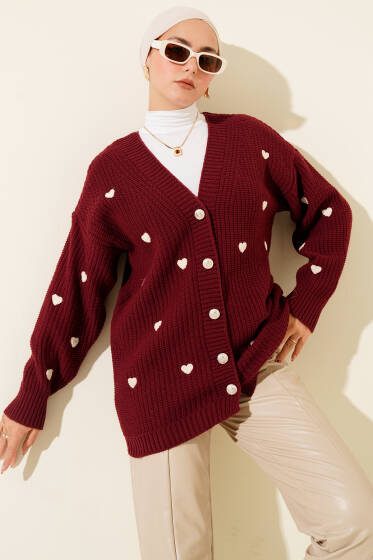 Kalp Nakışlı Triko Hırka Bordo - Hırka