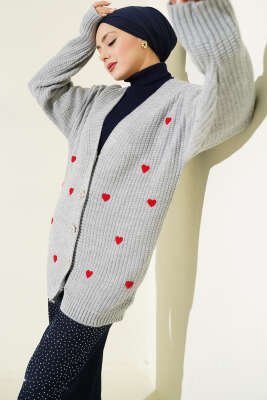 Kalp Nakışlı Triko Hırka Gri - NOVALÜX